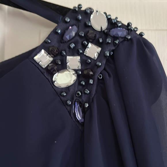 S.L.Fashions sz 14 Navy Layered Tiered Shift Dress w/Beads. Long sleeves - Picture 4 of 5